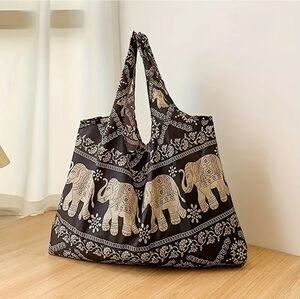 Large Elephant Pattern Tote Bag, Vintage Foldable Shoulder Shopping Bag,